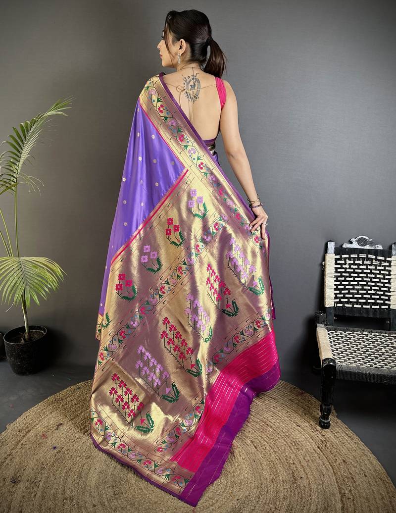 lavender lichi silk blend ikkat floral motifs zari woven paithani saree