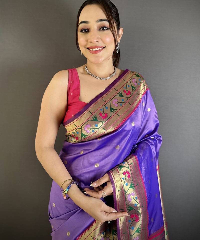 lavender lichi silk blend ikkat floral motifs zari woven paithani saree