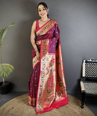 wine lichi silk blend ikkat floral motifs zari woven paithani saree 1