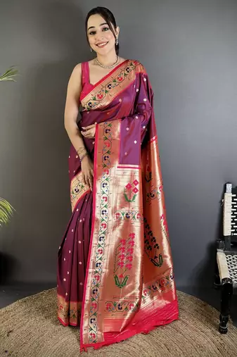 wine lichi silk blend ikkat floral motifs zari woven paithani saree