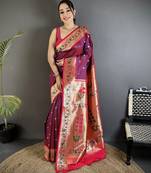 wine lichi silk blend ikkat floral motifs zari woven paithani saree