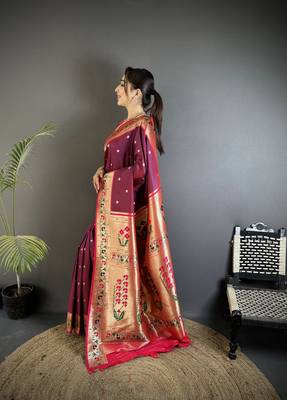 wine lichi silk blend ikkat floral motifs zari woven paithani saree 2