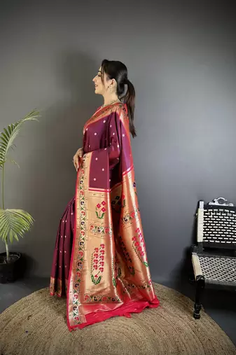 wine lichi silk blend ikkat floral motifs zari woven paithani saree