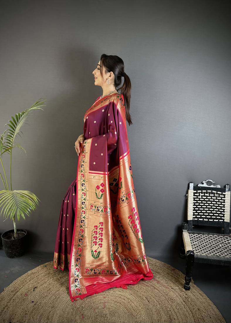 wine lichi silk blend ikkat floral motifs zari woven paithani saree