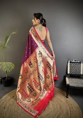 wine lichi silk blend ikkat floral motifs zari woven paithani saree 3