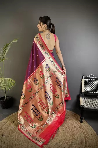 wine lichi silk blend ikkat floral motifs zari woven paithani saree