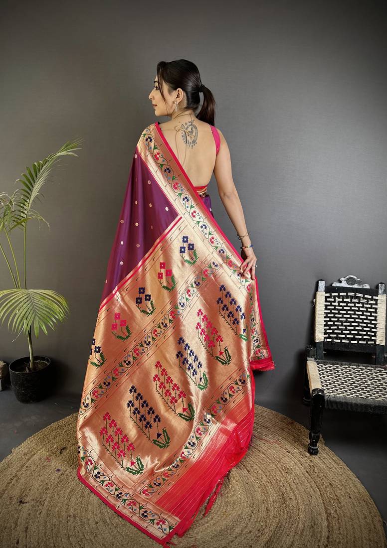 wine lichi silk blend ikkat floral motifs zari woven paithani saree
