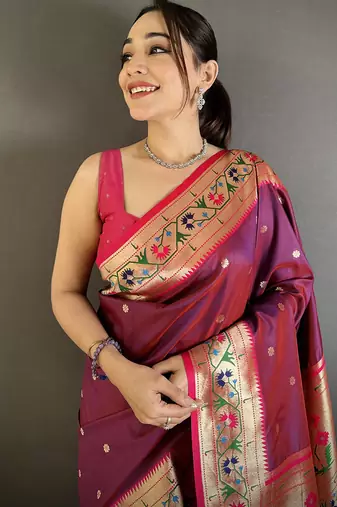 wine lichi silk blend ikkat floral motifs zari woven paithani saree