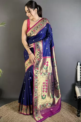 royal blue lichi silk blend ikkat floral motifs zari woven paithani saree
