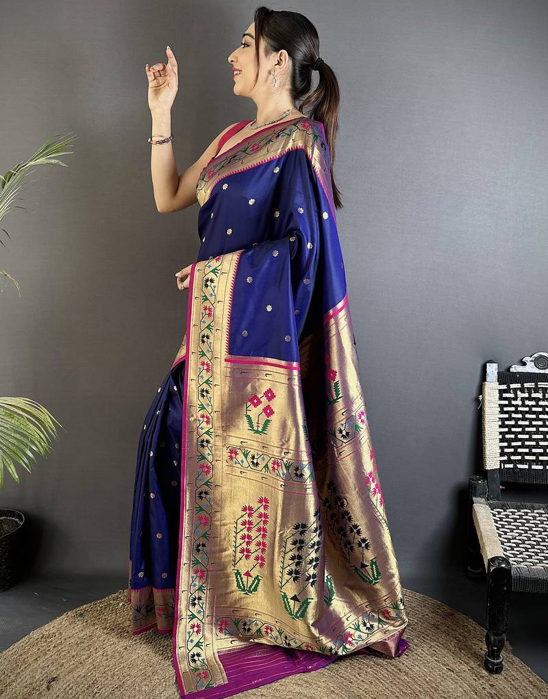 royal blue lichi silk blend ikkat floral motifs zari woven paithani saree