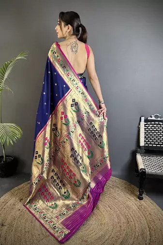 royal blue lichi silk blend ikkat floral motifs zari woven paithani saree