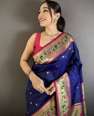 royal blue lichi silk blend ikkat floral motifs zari woven paithani saree 4