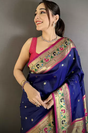 royal blue lichi silk blend ikkat floral motifs zari woven paithani saree