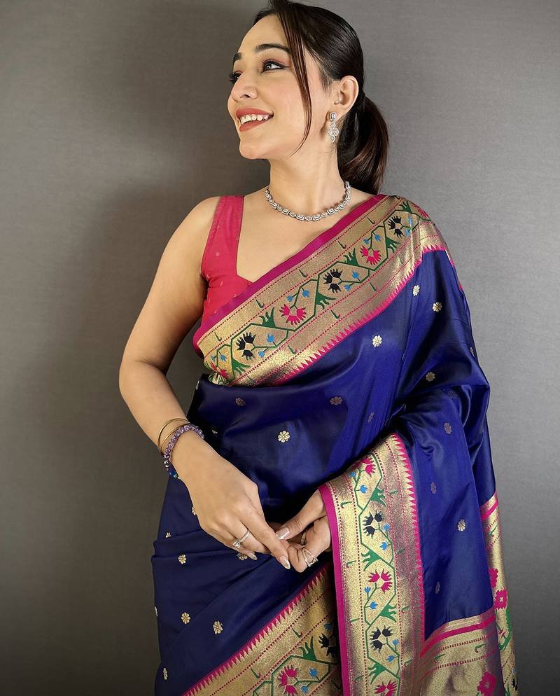 royal blue lichi silk blend ikkat floral motifs zari woven paithani saree