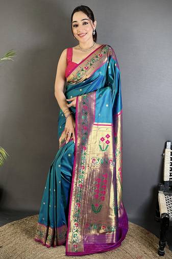 teal blue lichi silk blend ikkat floral motifs zari woven paithani saree