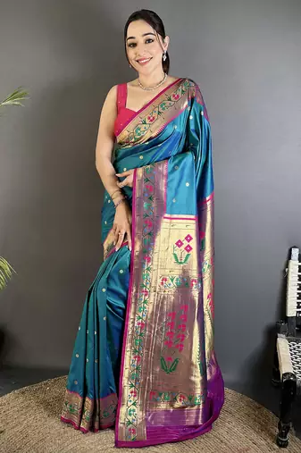 teal blue lichi silk blend ikkat floral motifs zari woven paithani saree