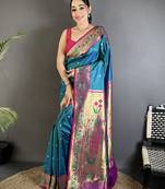 teal blue lichi silk blend ikkat floral motifs zari woven paithani saree