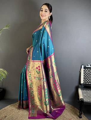 teal blue lichi silk blend ikkat floral motifs zari woven paithani saree 2