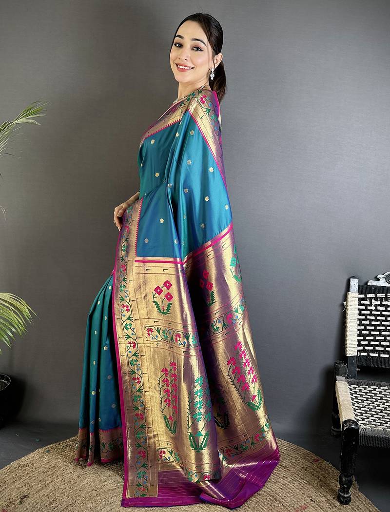 teal blue lichi silk blend ikkat floral motifs zari woven paithani saree