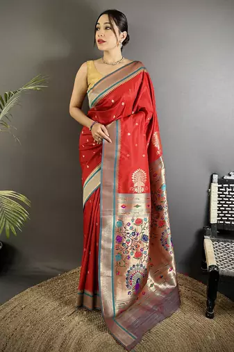 red lichi silk blend peacock & floral motifs zari weaving paithani saree