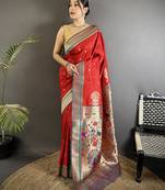 red lichi silk blend peacock & floral motifs zari weaving paithani saree