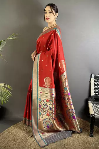 red lichi silk blend peacock & floral motifs zari weaving paithani saree