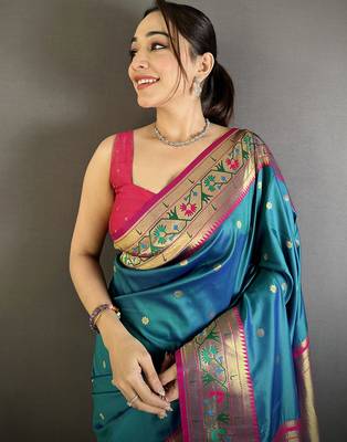 teal blue lichi silk blend ikkat floral motifs zari woven paithani saree 4