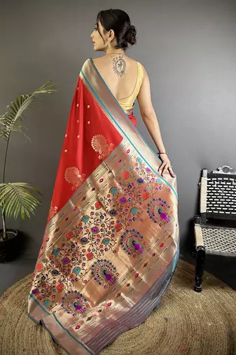red lichi silk blend peacock & floral motifs zari weaving paithani saree