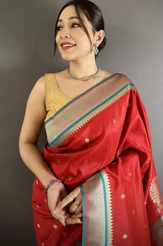 red lichi silk blend peacock & floral motifs zari weaving paithani saree