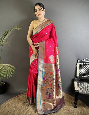 rani pink lichi silk blend peacock & floral motifs zari weaving paithani saree 1