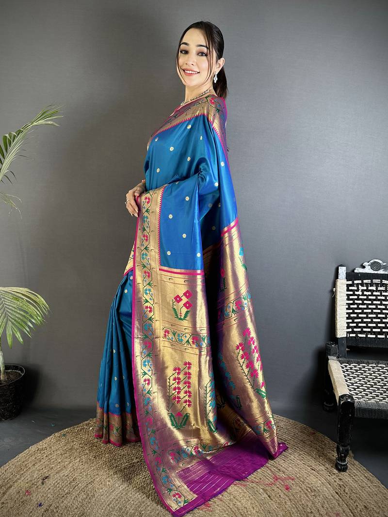 blue lichi silk blend ikkat floral motifs zari woven paithani saree