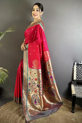 rani pink lichi silk blend peacock & floral motifs zari weaving paithani saree