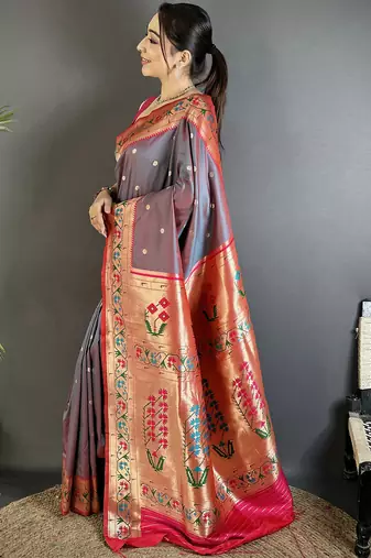 grey lichi silk blend ikkat floral motifs zari woven paithani saree