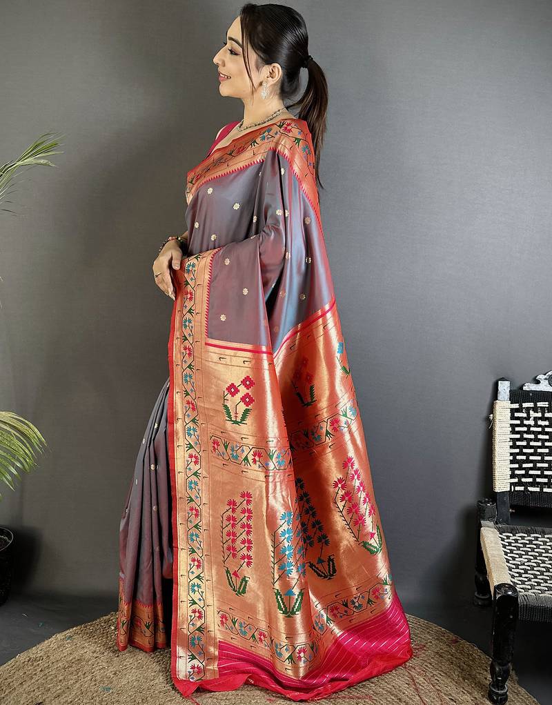 grey lichi silk blend ikkat floral motifs zari woven paithani saree