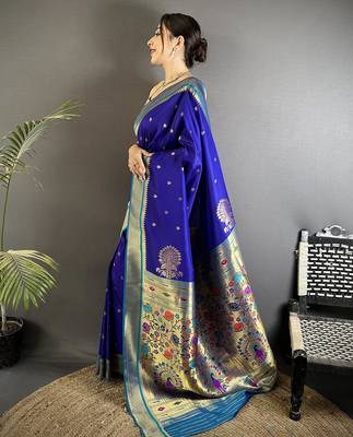 royal blue lichi silk blend peacock & floral motifs zari weaving paithani saree 2
