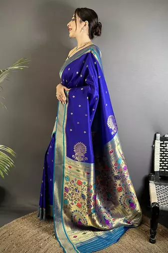 royal blue lichi silk blend peacock & floral motifs zari weaving paithani saree