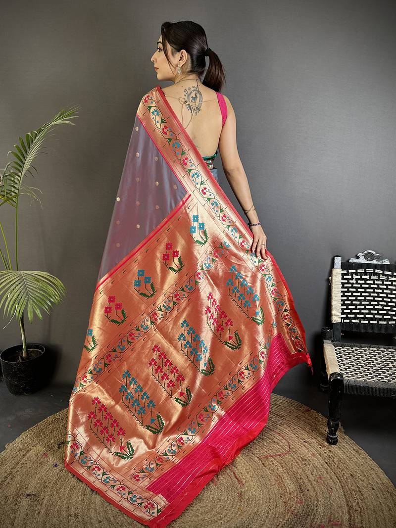 grey lichi silk blend ikkat floral motifs zari woven paithani saree