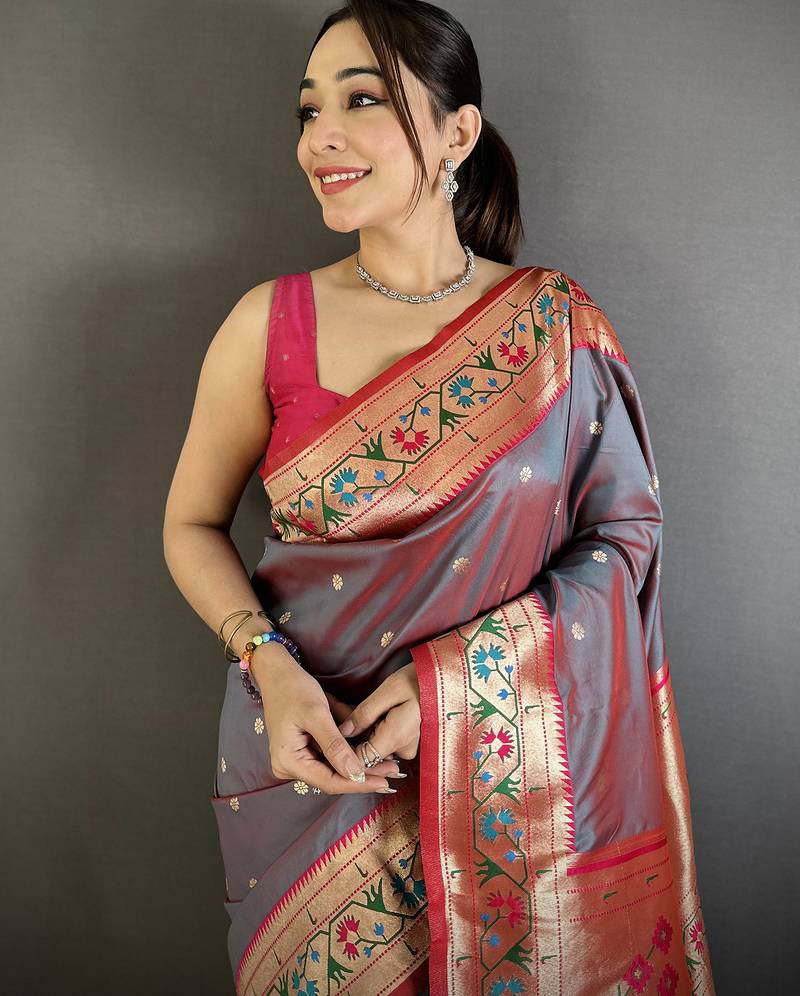 grey lichi silk blend ikkat floral motifs zari woven paithani saree