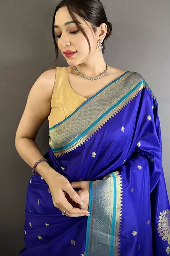 royal blue lichi silk blend peacock & floral motifs zari weaving paithani saree