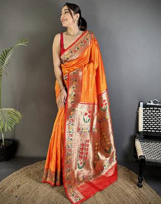 orange lichi silk blend ikkat floral motifs zari woven paithani saree 1