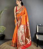 orange lichi silk blend ikkat floral motifs zari woven paithani saree