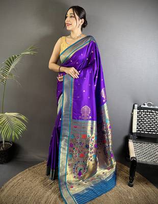 purple lichi silk blend peacock & floral motifs zari weaving paithani saree 1