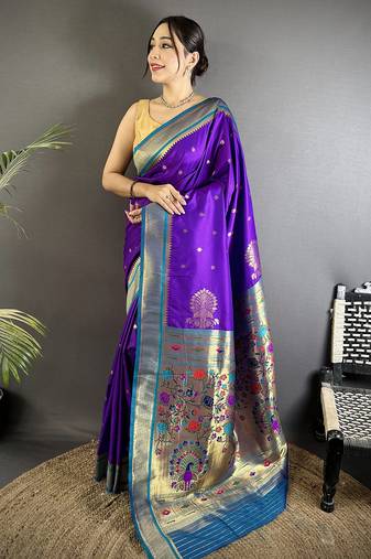 purple lichi silk blend peacock & floral motifs zari weaving paithani saree