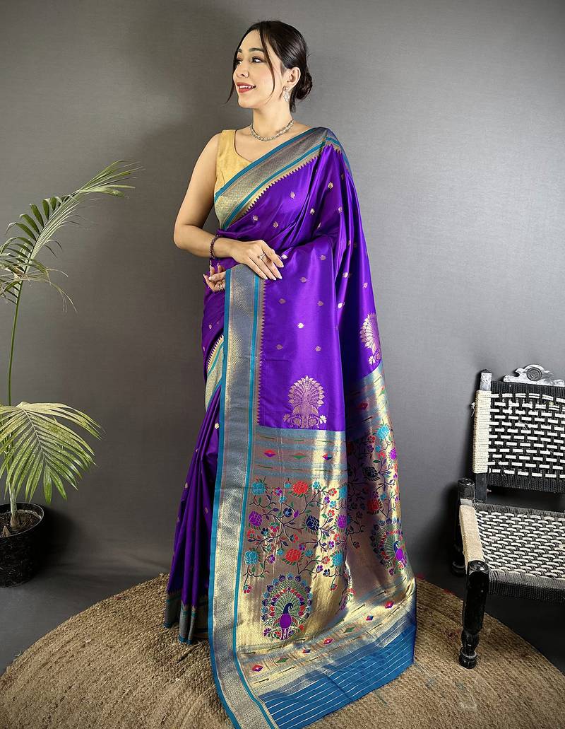 purple lichi silk blend peacock & floral motifs zari weaving paithani saree