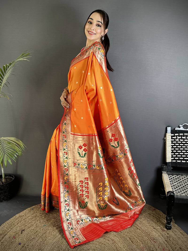 orange lichi silk blend ikkat floral motifs zari woven paithani saree