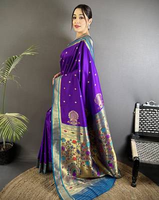 purple lichi silk blend peacock & floral motifs zari weaving paithani saree 2