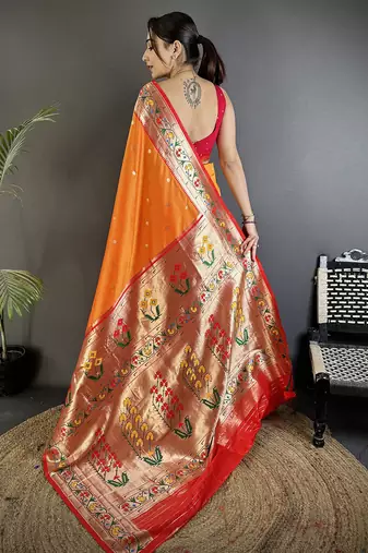orange lichi silk blend ikkat floral motifs zari woven paithani saree