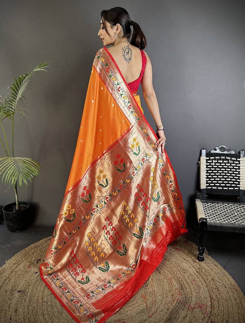 orange lichi silk blend ikkat floral motifs zari woven paithani saree
