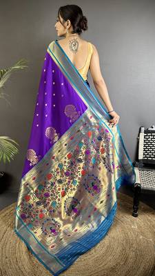 purple lichi silk blend peacock & floral motifs zari weaving paithani saree 3