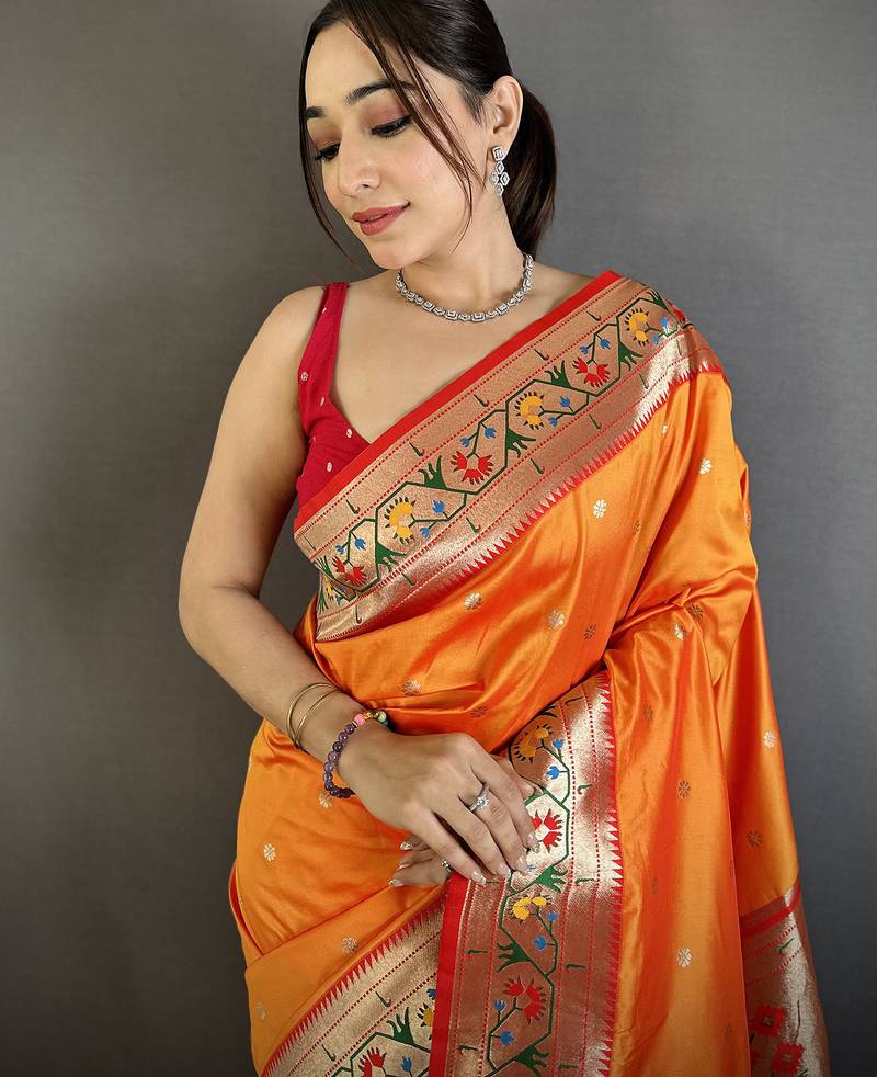 orange lichi silk blend ikkat floral motifs zari woven paithani saree